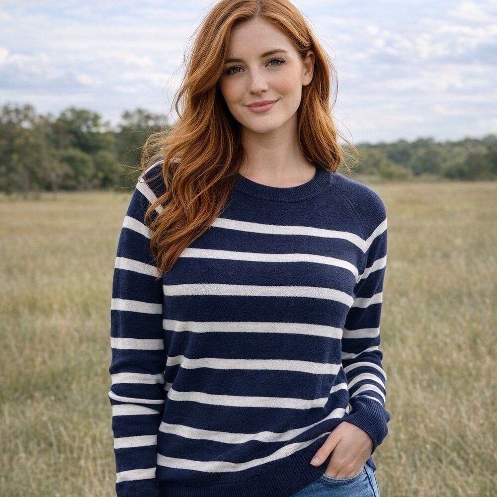 J.Crew Navy White Striped Sweater XL Crewneck Casual Classic‎ Preppy Nautical